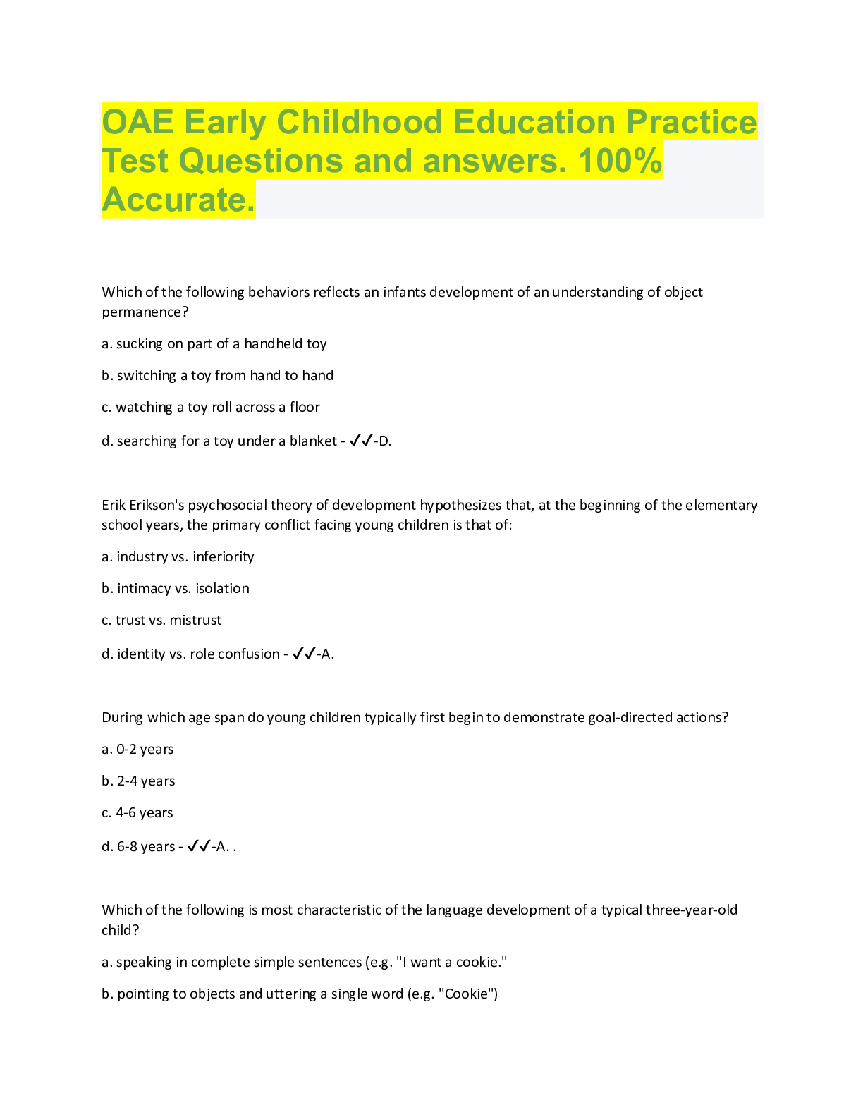 Preview image for OAE Early Childhood Education Practice  Test Questions and answers. 100%  Accurate.